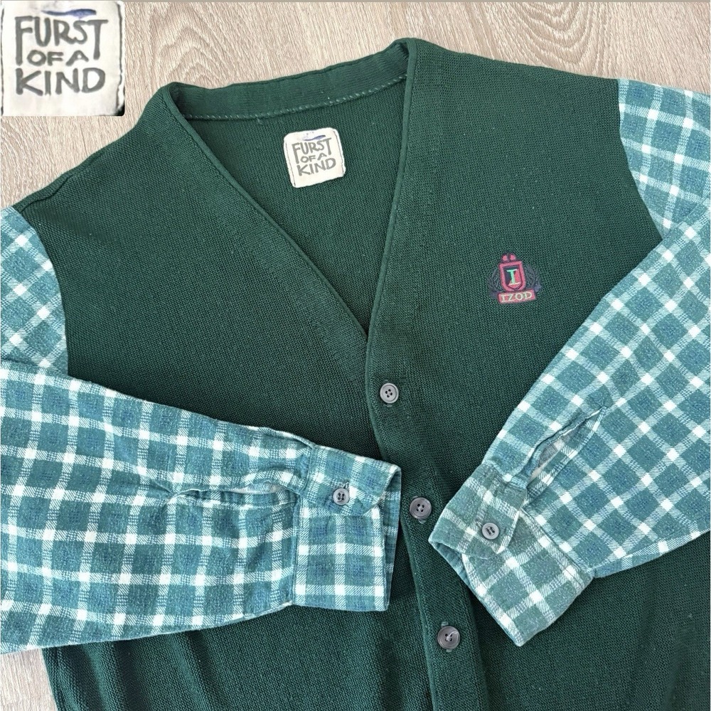 Vintage IZOD x Furst of a Kind Upcycled Green Knit Cardigan Plaid Sleeve Mens M